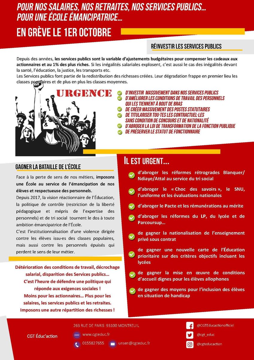 🚨Pour nos salaires, nos retraites, nos services publics…
Pour une École émancipatrice… 
✊En grève le 1er octobre
📌Tract d'appel à la grève de la CGT Éduc'action 

#EnLutte #ENGREVE #1eroctobre #cgteducaction #CGT