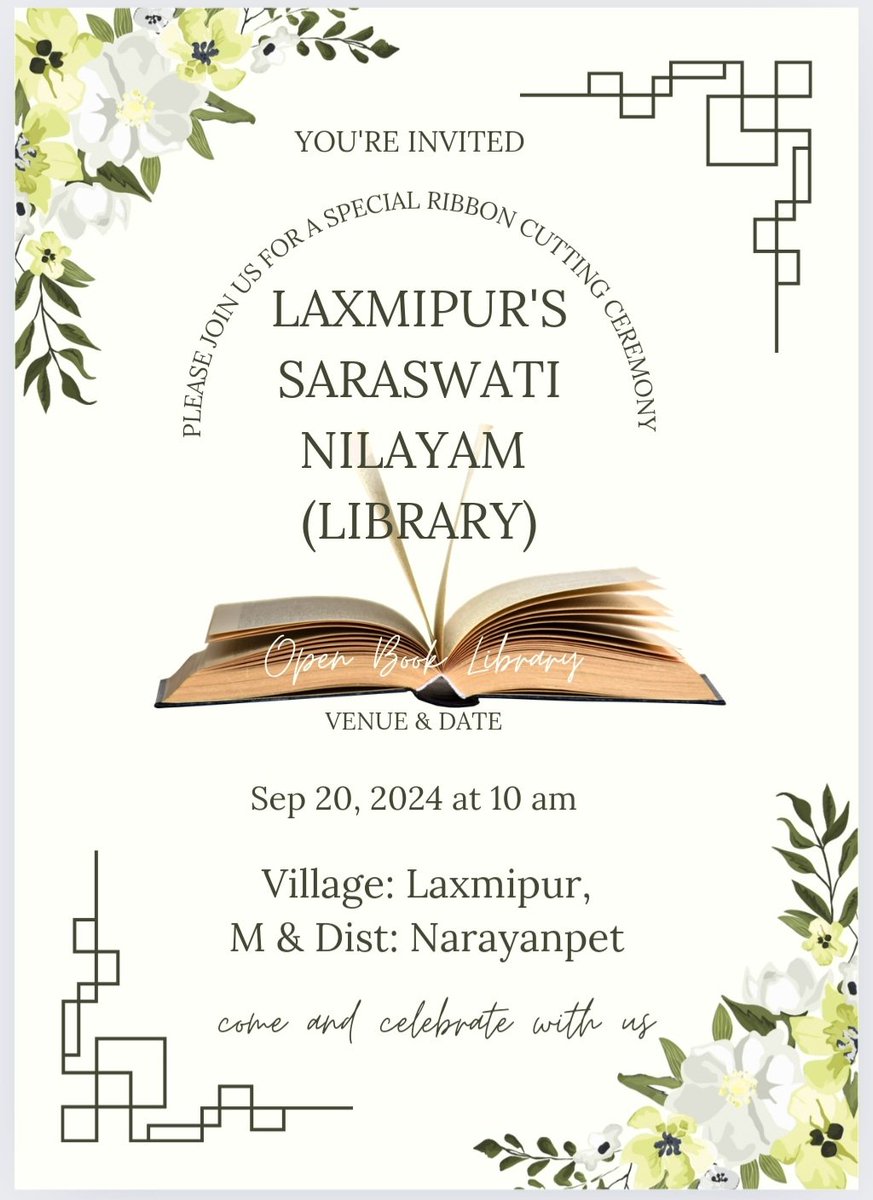 TheYoungKrishna's tweet photo. All are invited 💐

Today, 
We have "Open Book Library" 📚 
Opening Ceremony 🎉
in our Village : Laxmipur, 
M&amp;D : #Narayanpet  

Thank you! 🙏 
@Narayanpet_TS @Laxmi_Puram
@SPNARAYANPET @collector_nrpt https://t.co/tNo2XIQaJV