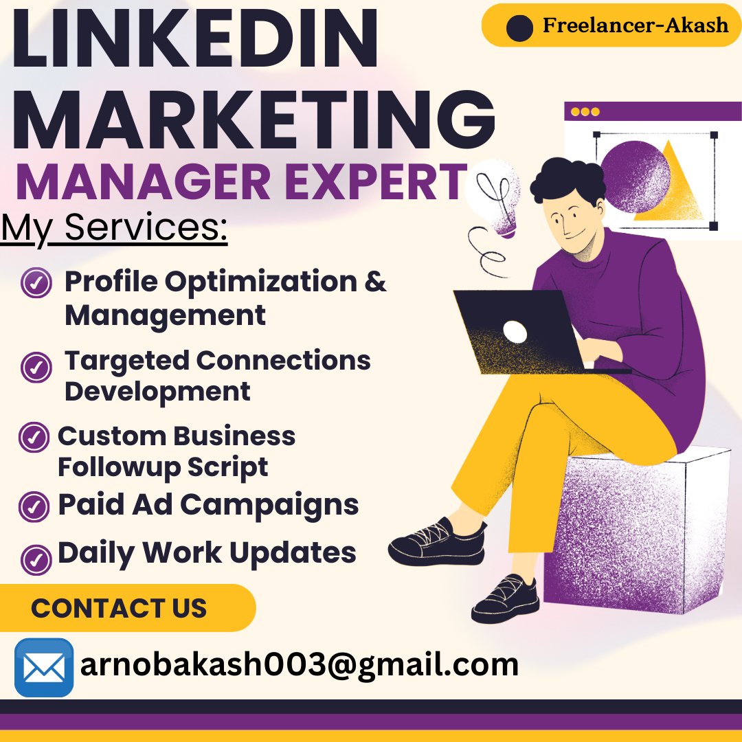 I will do linkedin marketing to grow targeted connections and send message as manager.
Contact Me:
Email: arnobakash003@gmail.com
What'sapp: 01896122690
If you want You Can hire me on Fiverr and Upwork
#MarketingExpert  #LinkedinMarketing #SocialMedia #DigitalMarketing 
😍💻✅