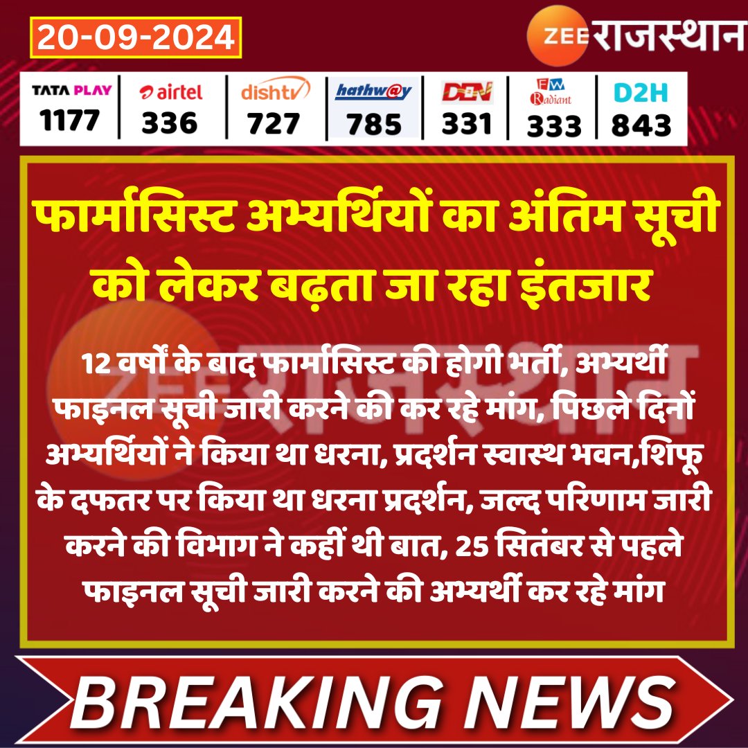 #Jaipur :  फार्मासिस्ट अभ्यर्थियों का अंतिम सूची को लेकर बढ़ता जा रहा इंतजार 

<a href="/dr_vishwjeet/">Vishwjeet mitra(विश्वजीत मित्रा)</a>
<a href="/pharma_bharti/">युवा प्रकोष्ठ राजस्थान फार्मासिस्ट एसोसिएशन</a>
<a href="/RajGovOfficial/">Government of Rajasthan</a> <a href="/RajCMO/">CMO Rajasthan</a> <a href="/sachin_journo/">Sachin sharma</a> #LatestNews #RajasthanNews #RajasthanWithZee
