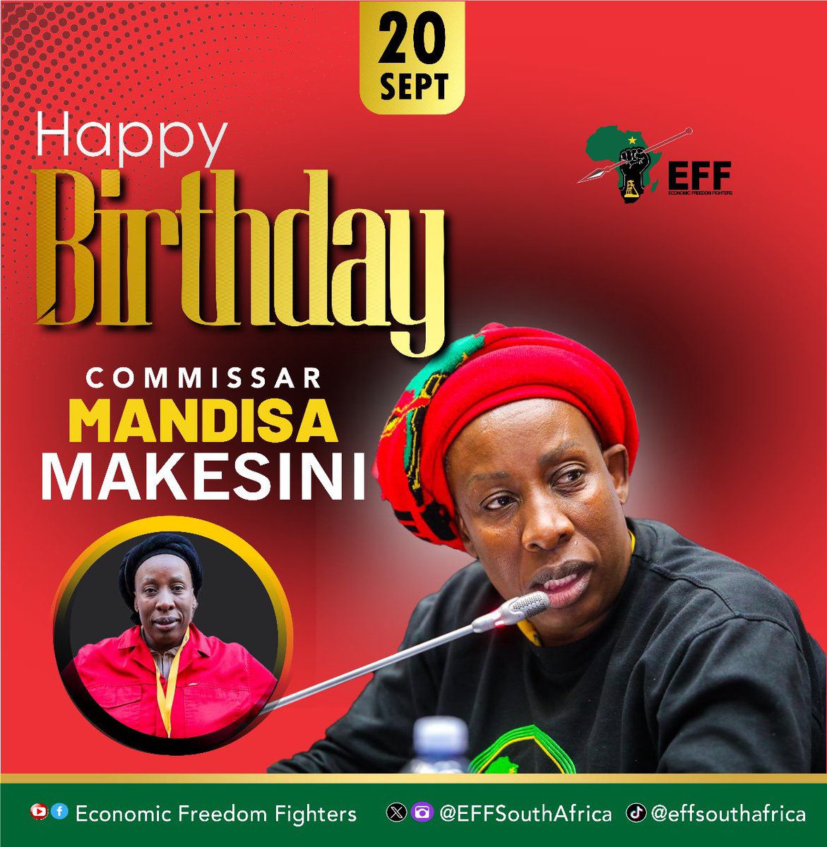EFFSouthAfrica's tweet image. ♦️Birthday Alert♦️

A founding member of the only economic emancipation movement in South Africa, a solid and trusted  force in our fight for economic freedom in our lifetime …
Commissar @MMakesini we wish you revolutionary happiness!

Happy Birthday!!