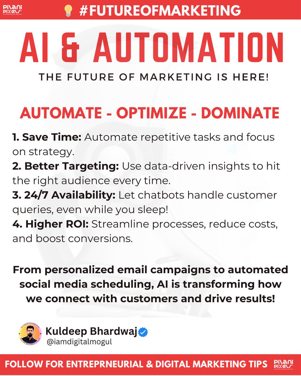 AI &amp; Automation Marketing! 🤖🚀

Here’s why they matter: 
🔹 Automate repetitive tasks = more time for strategy 💡 
🔹 Personalized content at scale 🎯 
🔹 Data-driven insights for smarter decisions 📊 
🔹 24/7 customer support with AI bots 🛠️

#AIMarketing #MarketingAutomation