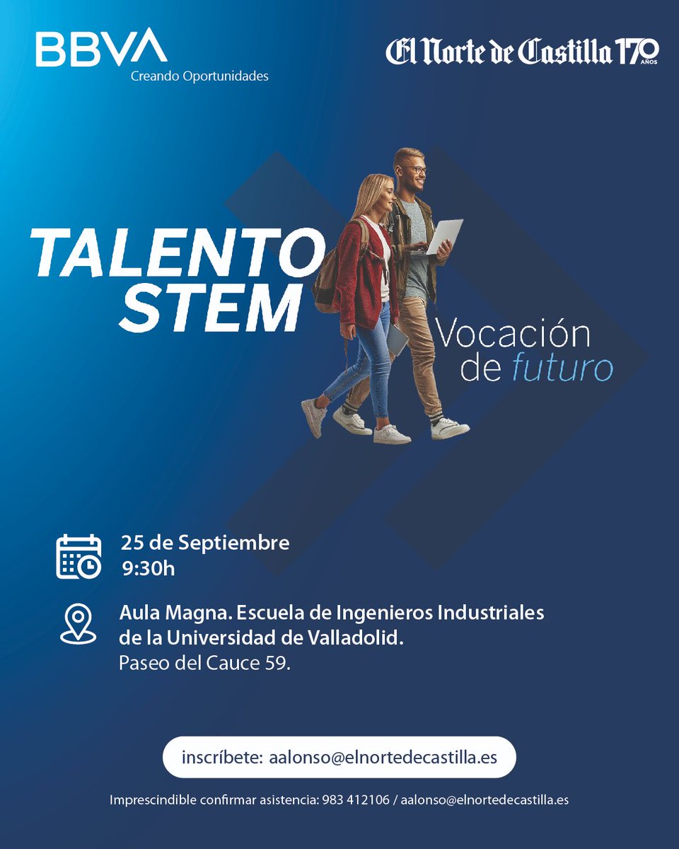AlumniUva's tweet photo. 🚀 ¡No te pierdas la jornada Talento STEM: Vocación de Futuro el 25 de septiembre en la Escuela de Ingenieros Industriales! 👩‍🔬
👨‍💻 Un evento clave para impulsar tu carrera en el mundo STEM. ¡Apúntate y da un paso hacia tu futuro! 🌟💼 #TalentoSTEM #Empleabilidad https://t.co/7SL7t9rXcf
