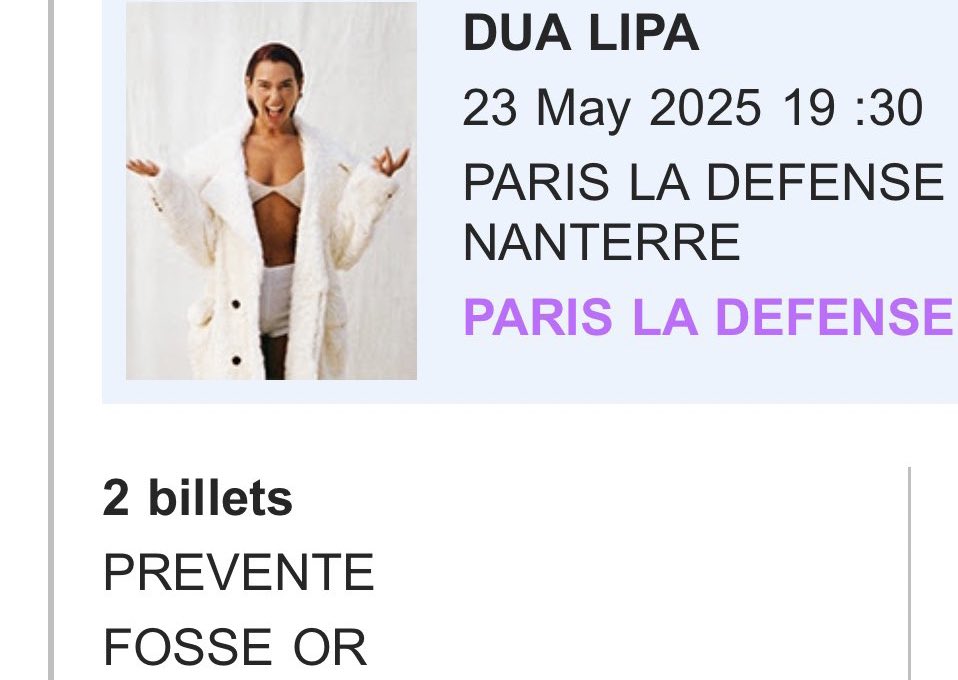 grrrrdemon's tweet photo. Bonjour,

Je vends 2 places Fosse OR pour  Dua Lipa à Paris !
1er arrivé 1er servi 👌 https://t.co/vAZOL8R7W4