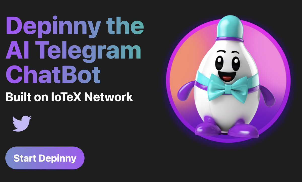 Show #Token2049 #TOKEN2049Week 

Depinny AI v1 is Now Live! Built with #iotex Integration ✨ 

The Cute and Powerful AI Telegram Bot who can(so far)-
Image generation, IoTeX wallet transactions, Chat Bot companion and #depin(soon)🤖

To get started - visit depinny.com