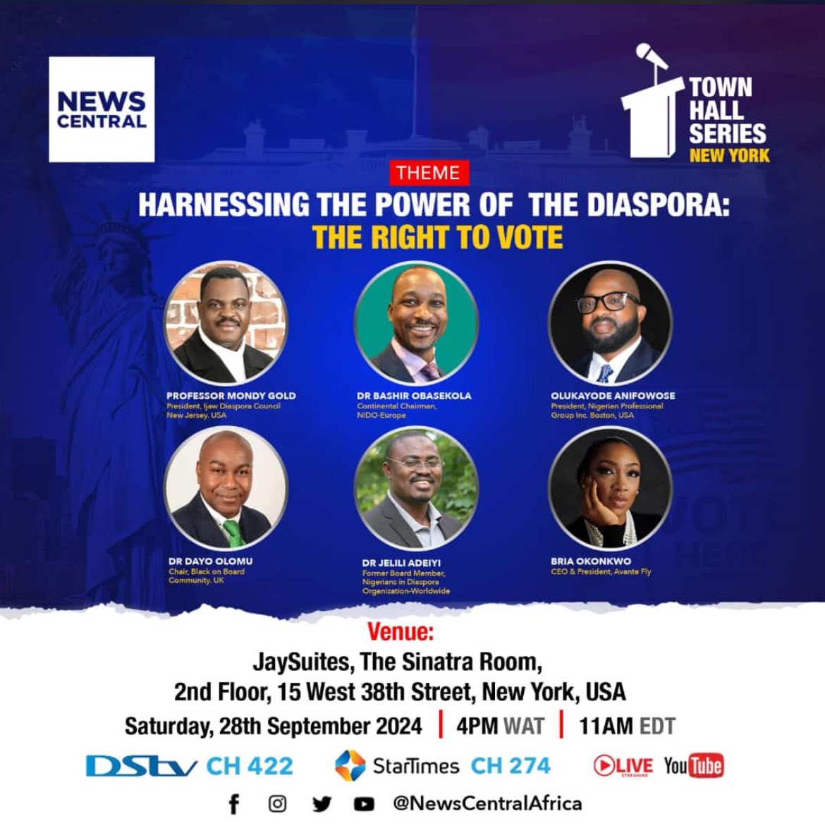 adewumike98's tweet image. Mark your calendars! Don’t miss out on the opportunity to hear from Prof. Mondy and other influential figures at the NC TOWN HALL SERIES IN New York on Sept. 28th. #DiasporaVote #LeadershipPanel
@NewsCentralTV#newscentral 
Watch live on DSTV CH 422, STARTIMES CH 274