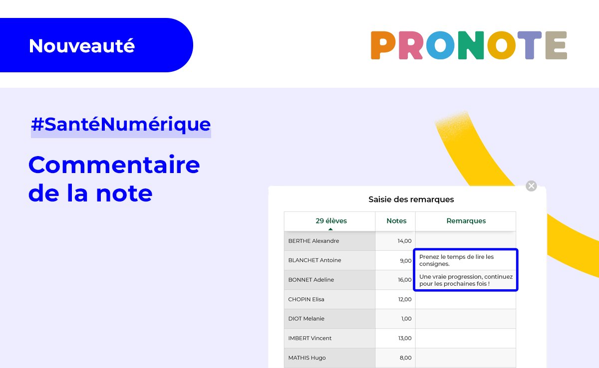 Pronote's tweet photo. 🆕 NOUVEAUTÉ PRONOTE 2024 #9 🚀
-- Spécial élève et prof --
Si pertinent, l'enseignant ajoute un commentaire à côté de la note comme il le ferait sur la copie papier. L'élève le consulte en même temps que sa note.

👉 https://t.co/JVa0eqEoVy https://t.co/yk25zYnohd