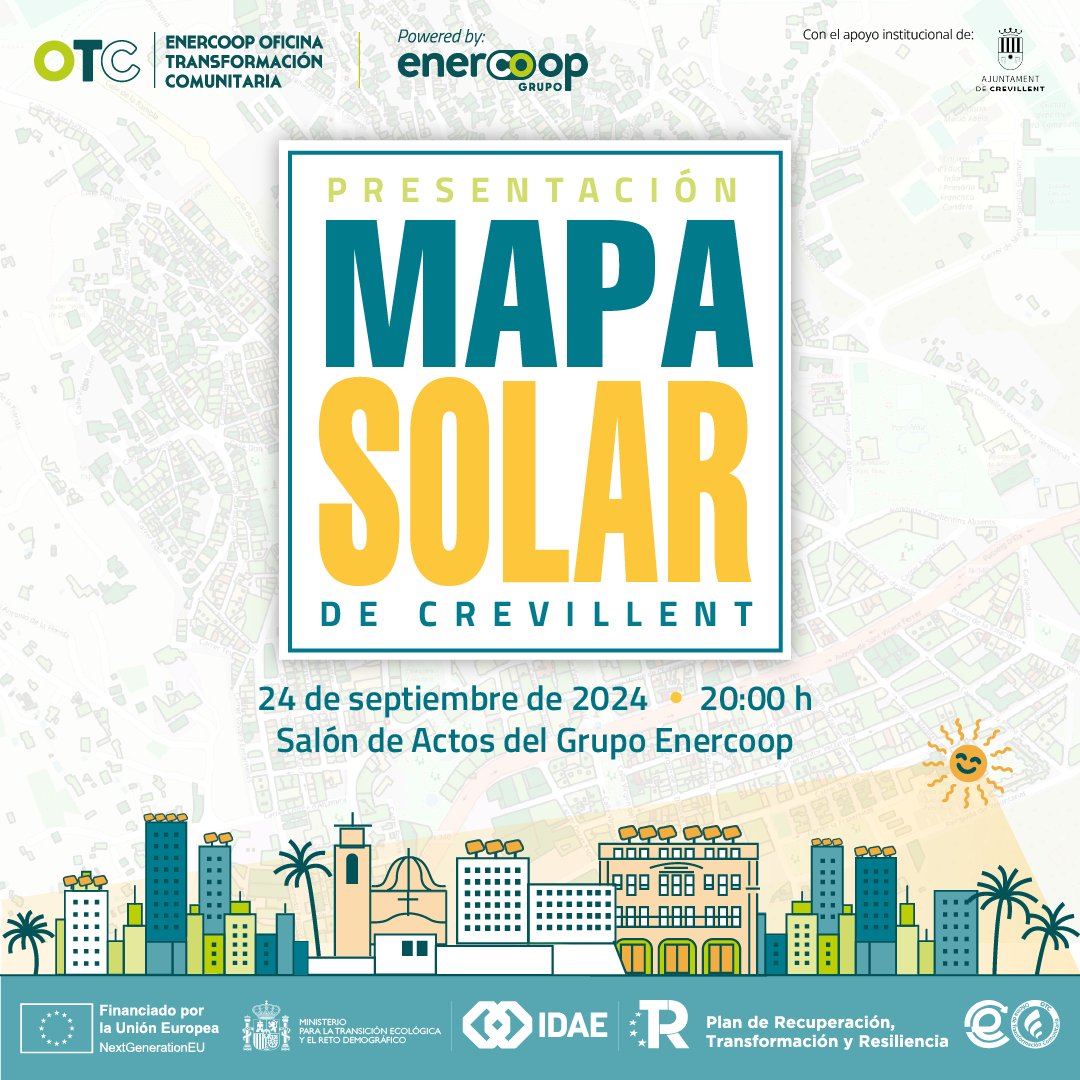 ☀️ El sol puede ser tuyo!! El Grupo ENERCOOP, a través de su #OTC, ha elaborado el mapa solar de #Crevillent. ¿Quieres saber más?

📅 Martes 24 de septiembre.
 📍 Sede Grupo Enercoop - C/ Corazón de Jesús, 17, Crevillent (Alicante).
🕓 20:00 h.
 ➕ info: bit.ly/3TA4sXU