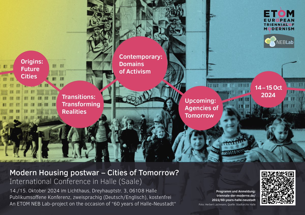 TdModerne's tweet photo. Register now / Jetzt registrieren: 
14 + 15 Oct 2024 
International Conference in Halle:  MODERN HOUSING POSTWAR –  CITIES OF TOMORROW?  
Program &amp; Updates: https://t.co/NRXfeueV75 
Registration: https://t.co/6HiT9QGLZD

#NewEuropeanBauhaus #triennialofmodernism #halleneustadt https://t.co/zghLuy3ZqE