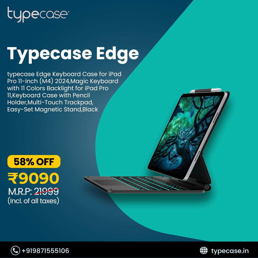 typecase_india's tweet photo. Upgrade your iPad experience with the Typecase Edge Keyboard Case for iPad Pro 11-inch (M4) 2024! 💻✨ Featuring a multi-touch trackpad, 11 colors backlit keyboard, and easy-set magnetic stand. 

📞 Contact: +919871555106
🌐 Visit: https://t.co/l02cEj3LKA

#TypecaseEdge https://t.co/M76ZhxN3np