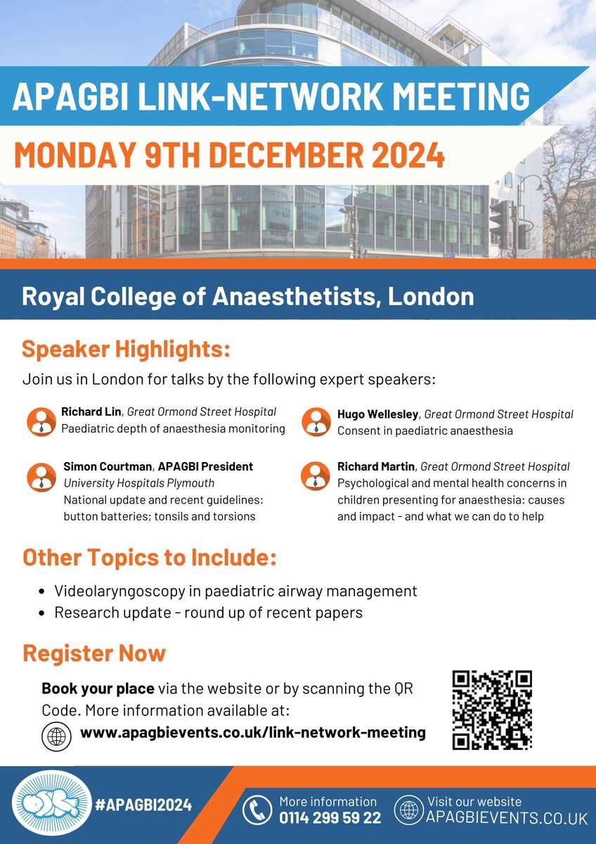 ⭐️APA Link-Network Meeting⭐️  #APAGBI2024 Booking  open
A meeting for all with interest in #pedsanes #paediatric #anaesthesia 
🎟 apagbievents.co.uk/link-network-m…
🗓️ Monday 9th December 24
🌍 Royal College of Anaesthetists, London @RCOANews
✅ Link ✅ Learn ✅ Connect ✅ Collaborate
with