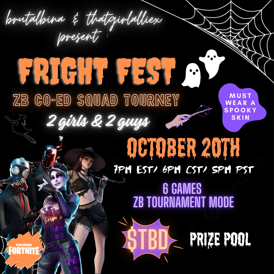 🕯 𝐹𝓇𝒾𝑔𝒽𝓉 𝒻𝑒𝓈𝓉.˚⊹.🎃₊

ZB Co-ed Squad Tourney 👻
To be eligible:
° Must be following me, <a href="/thatgirlalliex/">allie</a> , <a href="/Trinlily_/">Trin</a> , <a href="/savfn/">sav</a> , &amp; <a href="/nut_1g/">Mina</a> 
° Retweet &amp; Like ⛓
° Comment &amp; Tag your squad 🍂
° Must be following the requirements above to receive roles in the discord
We