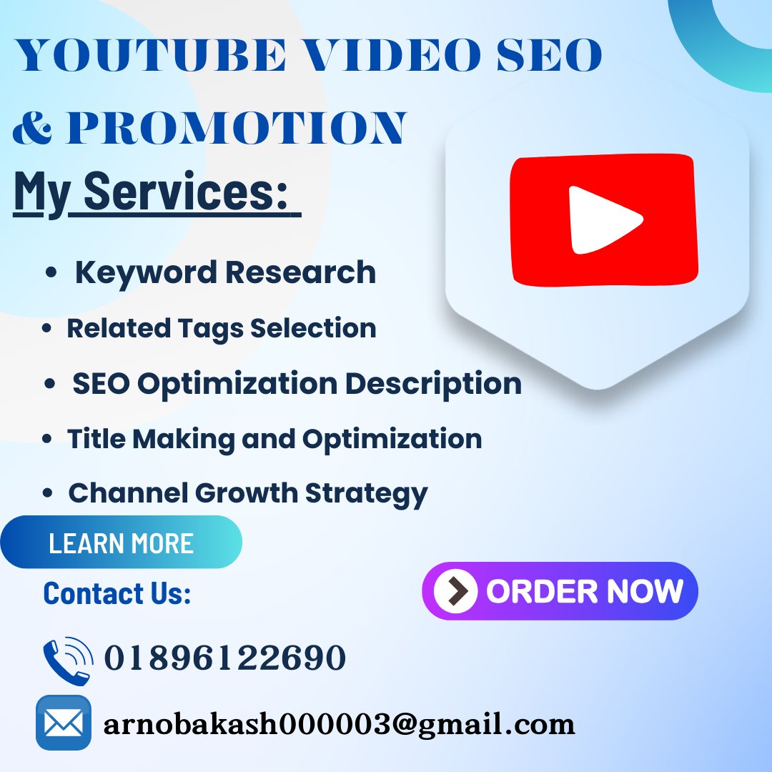 Are you looking for the best YouTube video SEO service for your video's top ranking, you have come to the right place
Contact Me:
Email: arnobakash003@gmail.com
What'sapp: 01896122690
If you want You Can hire me on Fiverr and Upwork
#YouTubeSEO
#VideoPromotion
#SEOExpert
💻🚀✅