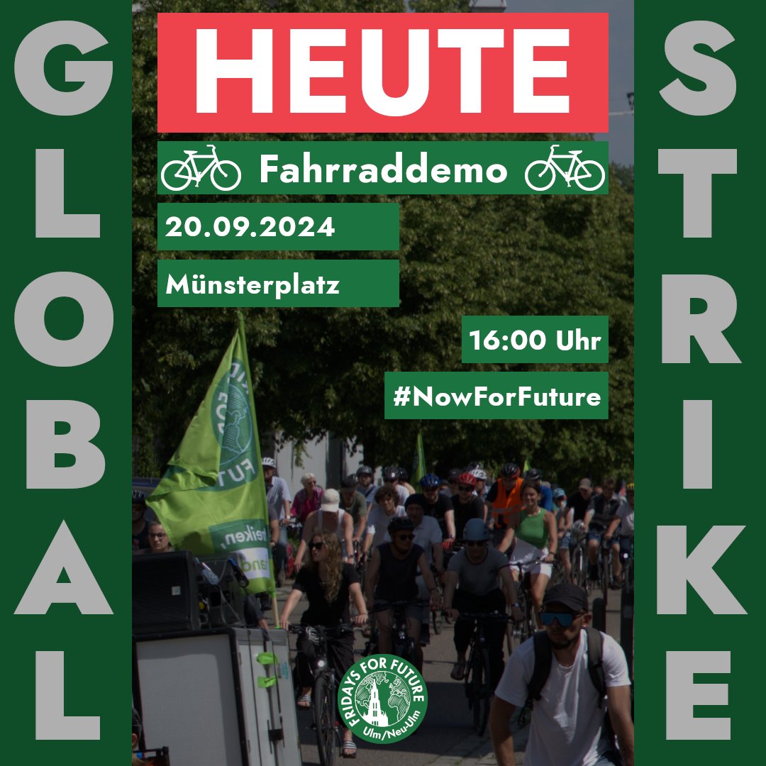 Heute ist der #globalstrike! 🚴‍♀️ Schließt euch uns an und demonstriert für eine bessere Zukunft. Kommt um 16 Uhr zur #Raddemo in Ulm und Neu-Ulm und setzt ein Zeichen für mehr Klimaschutz und Gerechtigkeit!

🚴‍♀️ Raddemo
🗓 20. September 
🕓 16 Uhr
📍Münsterplatz 

#nowforfuture