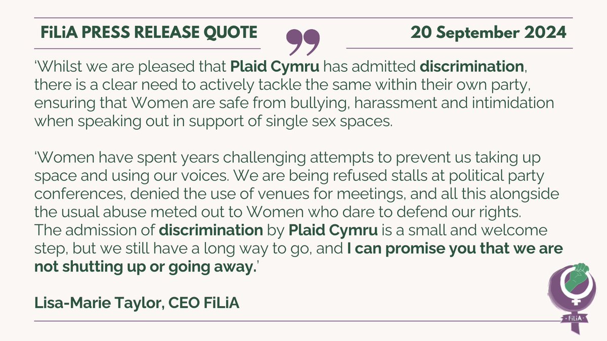 FiLiA_charity's tweet photo. 🧵 #PressRelease Plaid Cymru Admit Unlawfully Discriminating Against #FiLiA

@Plaid_Cymru have accepted that their decision to cancel the booking for FiLiA's stall at #Plaid24 amounted to discrimination under the Equality Act.

🔗 https://t.co/iCTqdihPsX

#WomenWontWheesht