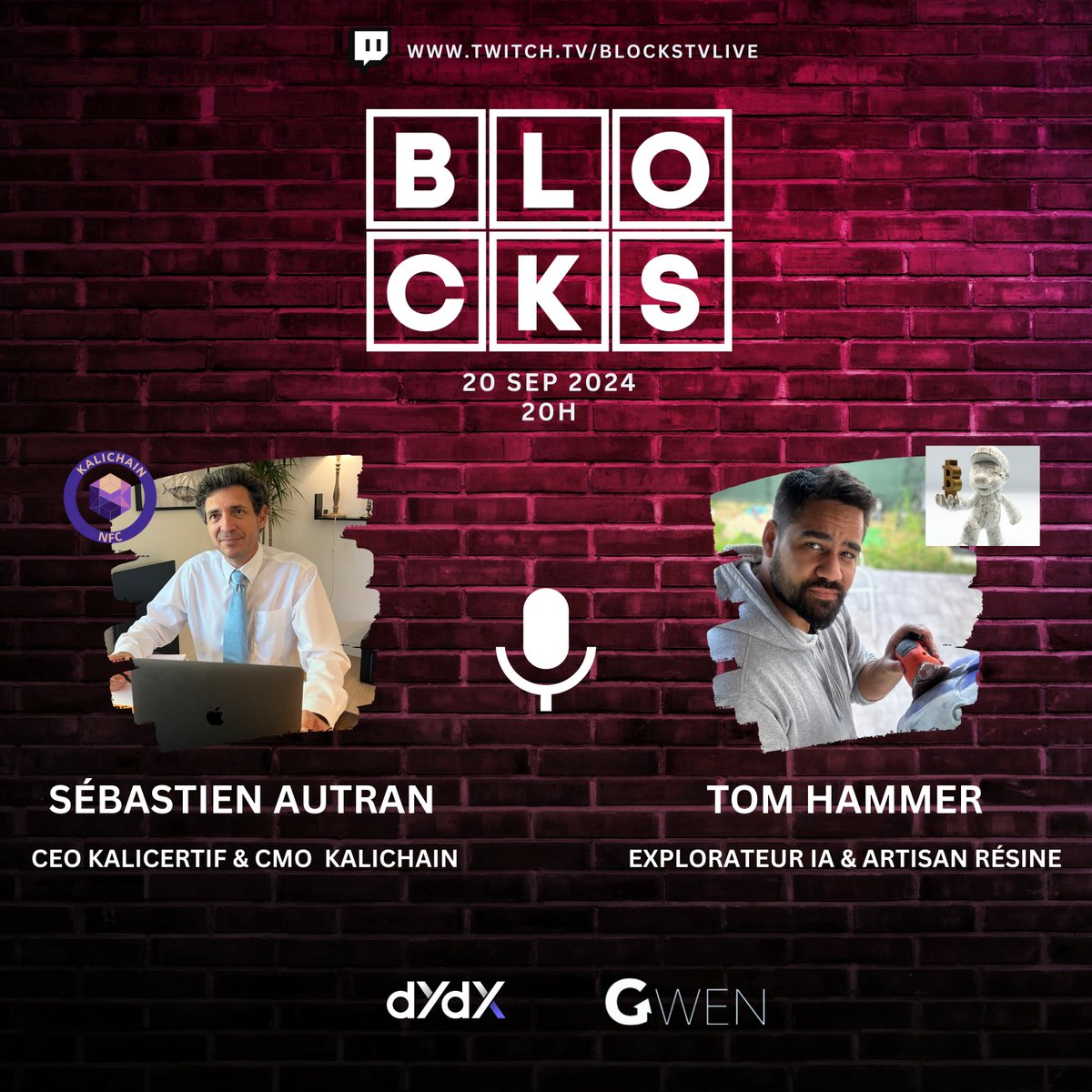 🚀 Ce soir c'est BLOCKS ! 🚀

Plongez dans l'innovation et la créativité ! 🌟
🎙️Avec nos invités : 

<a href="/CEOkalicertif/">Sébastien Kalichain</a> - Entrepreneur et expert en #Blockchain, #IA et certification.

<a href="/Tom_Hammer_art/">Tom Hammer</a> - Artisan digital fusionnant #art geek et technologie avec des symboles de