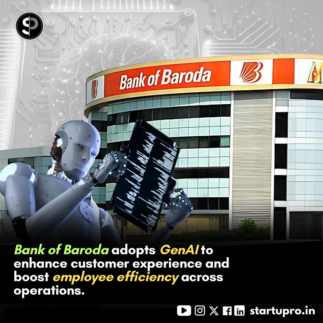 STARTUPROO's tweet image. Indian public sector bank @bankofbaroda  recently announced that it is adopting generative AI (GenAI) technologies.
@BankofBarodaCEO  @StateBankofInd7  @RBI 
#ai #latestai 
#GenAI 
#aditiAi