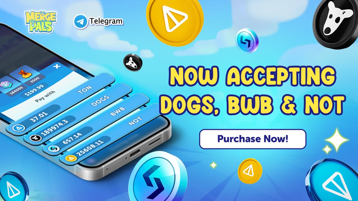 Big news, Pals! 🐶 

Merge Pals now supports BWB, Dogs, and Notcoin as payment options in-game! 💸 Whether you’re leveling up your pets or stacking up more PAL, we’ve made it easier than ever to pay your way. Jump in and start merging today! 🪂