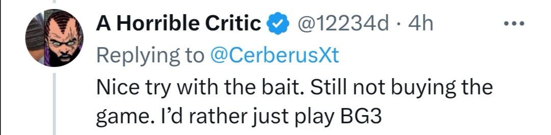 CerberusXt's tweet photo. That dude is mad Dragon Age Veilguard has non binary options and vitiligo, so he would rather play Baldur's Gate 3, which has also non binary option and vitiligo. https://t.co/LYvu4PnZUJ