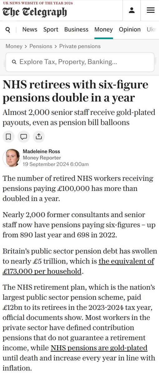Dr Tony Goldstone (@goldstone_tony) on Twitter photo Complete nonsense from <a href="/Telegraph/">The Telegraph</a> <a href="/journomadeleine/">Madeleine Ross</a> 👇implying number of people getting £100k pensions is exploding (& trying to link it to pay awards). We told them it was nonsense BEFORE they published. Truth is its a TINY proportion, getting SMALLER.
Utter nonsense quote from Complete nonsense from <a href="/Telegraph/">The Telegraph</a> <a href="/journomadeleine/">Madeleine Ross</a> 👇implying number of people getting £100k pensions is exploding (& trying to link it to pay awards). We told them it was nonsense BEFORE they published. Truth is its a TINY proportion, getting SMALLER.
Utter nonsense quote from