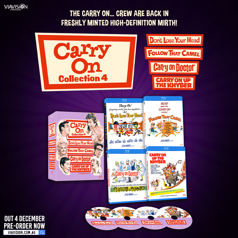 viavisionent's tweet photo. CARRY ON… FILM COLLECTION 4 - BLU-RAY 🎬🍑🇬🇧

Collection Four debuts the first 4 films from the Rank era of the farcical films, on Blu-ray for the first time:

• Don’t Lose Your Head (1967)
• Follow That Camel (1967)
• Carry On Doctor (1967)
• Carry On Up The Khyber (1968) https://t.co/Ym5SuPtc3j