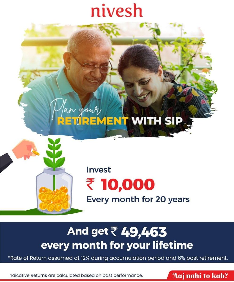 DhruvHiremath's tweet photo. Plan for a stress-free retirement! Start a systematic investment (SIP) today and watch your wealth grow. Enjoy a comfortable retirement with a monthly SIP of just ₹10,000 for 20 years  and get ₹49,463 every month for your lifetime #RetirementPlanning #SIP #FinancialGoals 💰 https://t.co/qpt5JEhPdM