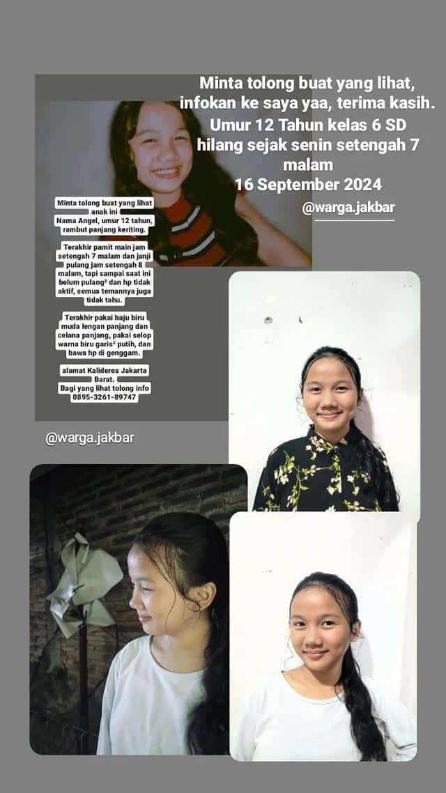 X please Do you Magic please, jangan sampai nasib Angel seperti Aqila 

Hilang sejak Senin malam 16 September 2024

Ciri-ciri :
✅️ Rambut panjang keriting
✅️ Umur 12 tahun (kelas 6 SD)
✅️ Terakhir pakai baju biru muda lengan panjang dan celana panjang, pakai selop warna