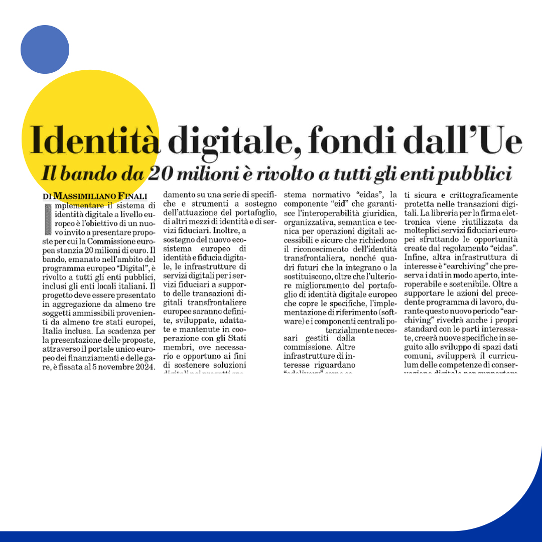 🔧 Nuovi strumenti e soluzioni 
🗞️ "Identità digitale fondi dall'UE" <a href="/mfinali/">Max Finali</a> su <a href="/ItaliaOggi/">ItaliaOggi</a> 

#eIDAS #innovazione <a href="/aldoceccarelli/">Aldo Ceccarelli</a> <a href="/Piersoft/">Piersoft</a> <a href="/prinet2000/">Paola Frateschi</a> <a href="/paolo_r_2012/">Paolo R</a> <a href="/michelegentili/">Michele Gentili</a> <a href="/piesseweb/">Paolo Saccone</a> <a href="/suxsonica/">Sonia Montegiove</a> <a href="/NachoAlamillo/">Nacho Alamillo</a>