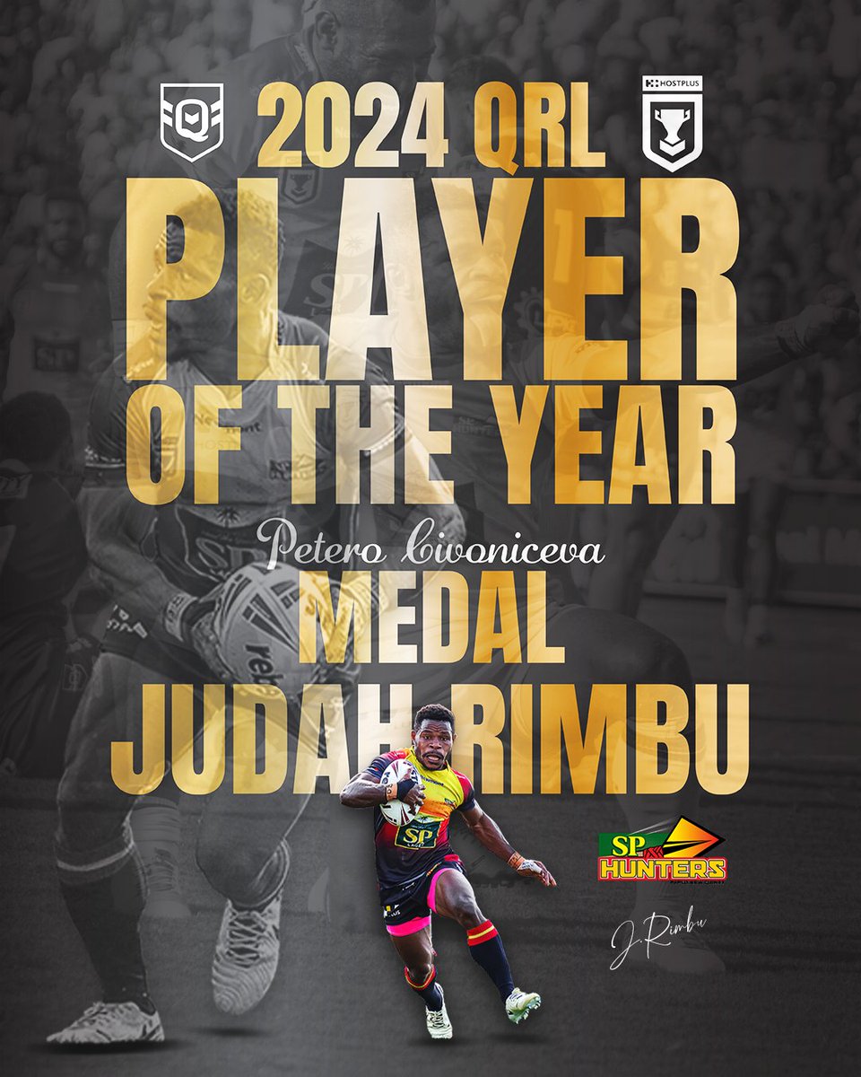 SP PNG Hunters (@pnghunters) on Twitter photo MEDIA RELEASE: Hunters star awarded QRL Hostplus Cup Player of the Year
The SP PNG Hunters are tremendously proud to announce that their very own Hunter #92, Judah Rimbu, has been crowned the 2024 QRL Hostplus Cup Player of the Year.
For more information: media@pnghunters.com MEDIA RELEASE: Hunters star awarded QRL Hostplus Cup Player of the Year
The SP PNG Hunters are tremendously proud to announce that their very own Hunter #92, Judah Rimbu, has been crowned the 2024 QRL Hostplus Cup Player of the Year.
For more information: media@pnghunters.com
