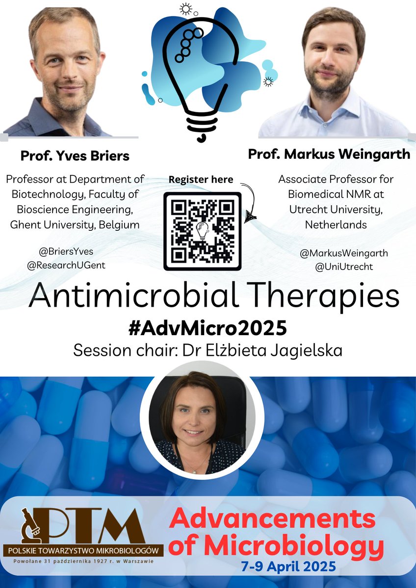 Join the Antimicrobial Therapies session at #AdvMicro2025 chaired by Dr. Elżbieta Jagielska!
Keynotes by Prof. Briers on phage lysins &amp; Artilysin® for Gram-negative pathogens &amp; by Prof. Weingarth on breakthrough antibiotics targeting bacterial membranes. 💡Don’t miss it! 🌍🦠 🙂