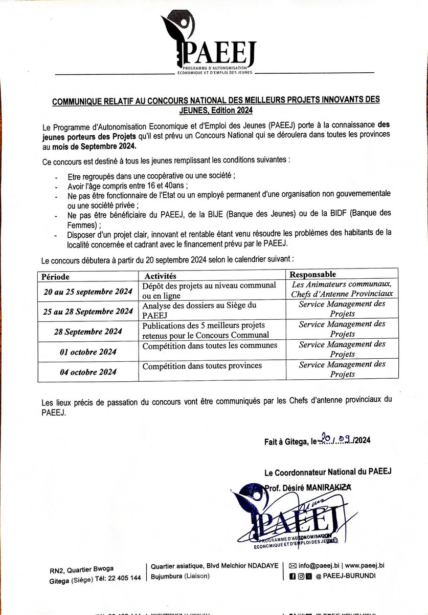 🤗 La 3ème édition du Concours des projets innovants des jeunes organisé par <a href="/PAEEJ_Burundi/">PAEEJ</a> dans tout le pays arrive à grand pas.

✍️ Pour s'inscrire, suivre ce lien 👉paeej.bi/publication-de… ou se rendre aux bureaux des animateurs communaux du PAEEJ.

‼️ Date limite : 25/09
