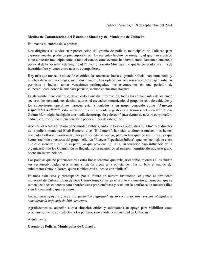 labarradec's tweet photo. @Azteca  les comparto una carta que están enviando a los medios de Culiacán por parte de la policía municipal de Culiacán https://t.co/aNgqbywLKq