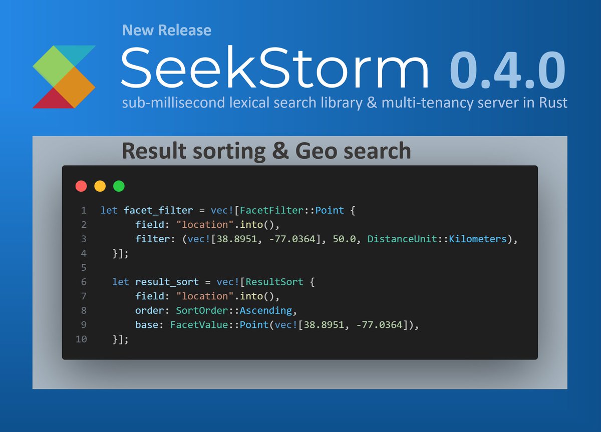 SeekStorm v0.4.0 allows 𝐆𝐞𝐨 𝐩𝐫𝐨𝐱𝐢𝐦𝐢𝐭𝐲 𝐬𝐞𝐚𝐫𝐜𝐡 and 𝐫𝐞𝐬𝐮𝐥𝐭 𝐬𝐨𝐫𝐭𝐢𝐧𝐠 𝐛𝐲 𝐚𝐧𝐲 𝐟𝐢𝐞𝐥𝐝, both 𝐚𝐬𝐜𝐞𝐧𝐝𝐢𝐧𝐠 𝐨𝐫 𝐝𝐞𝐬𝐜𝐞𝐧𝐝𝐢𝐧𝐠 - 𝐦𝐮𝐥𝐭𝐢𝐩𝐥𝐞 𝐬𝐨𝐫𝐭 𝐟𝐢𝐞𝐥𝐝𝐬 are 𝐜𝐨𝐦𝐛𝐢𝐧𝐞𝐝 𝐛𝐲 𝐭𝐢𝐞-𝐛𝐫𝐞𝐚𝐤.
github.com/SeekStorm/Seek…