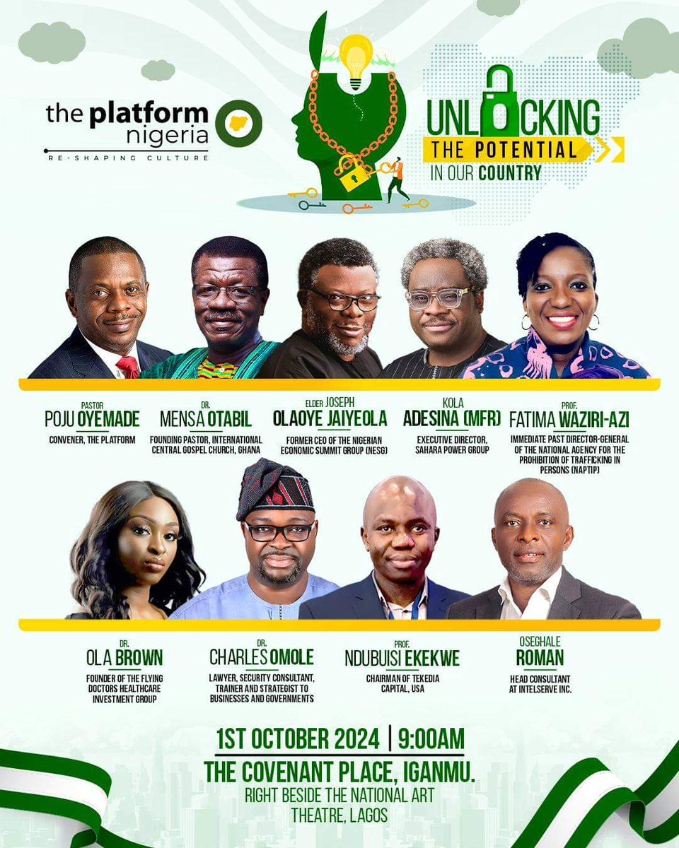 The Platform

Nations are built by unlocking the capital that lies within her people and land

Join us on Tuesday the 1st of October at 9.00am

Venue: The Covenant Place Iganmu by the National Theatre

Admission is free 

Register at theplatformnigeria.com

 <a href="/CovenantCCentre/">The Covenant Nation</a>