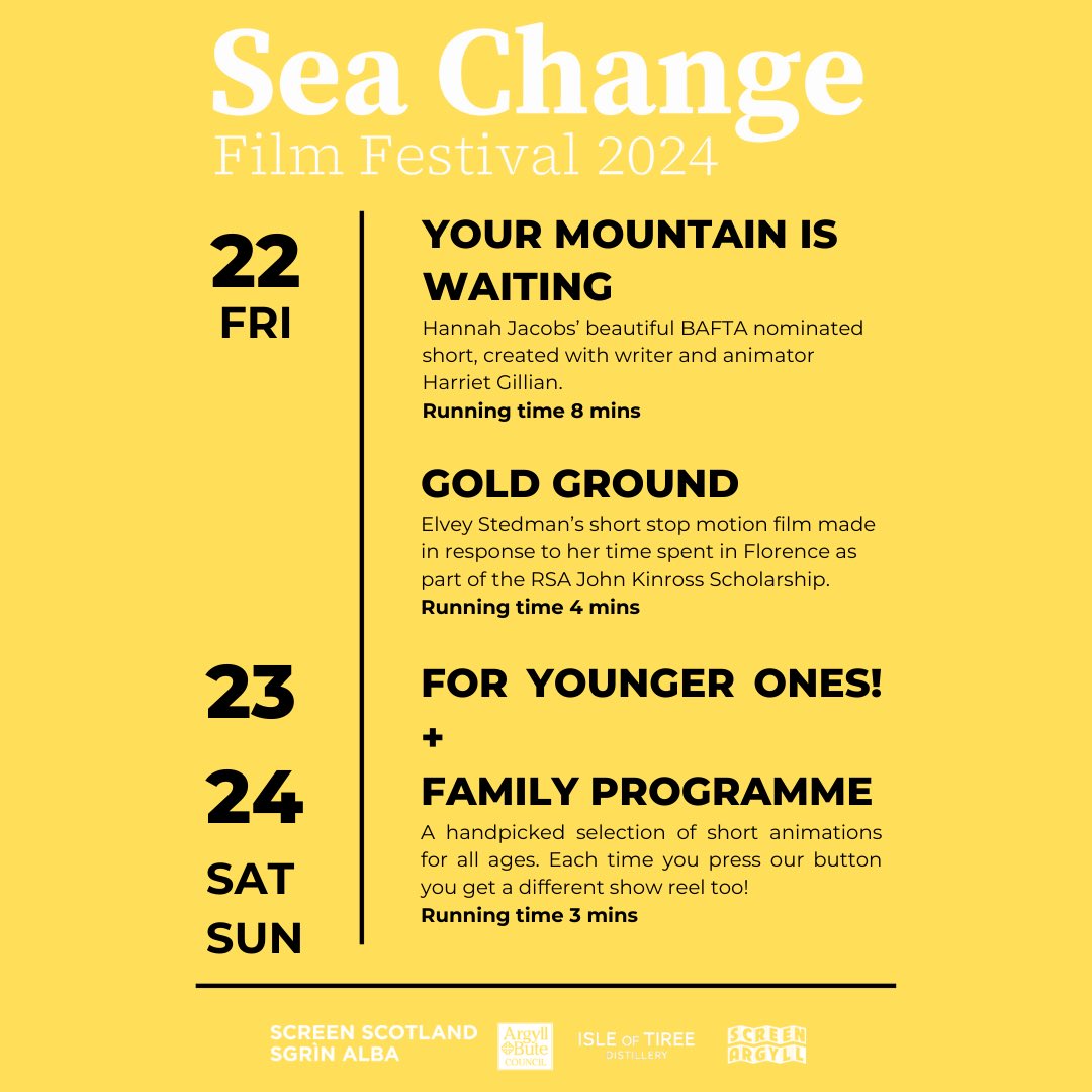We are delighted to be heading to Sea Change on the beautiful Isle of Tiree 
🌊☀️

Here’s what we are showing over the weekend and thanks to @screenargyll for having us!