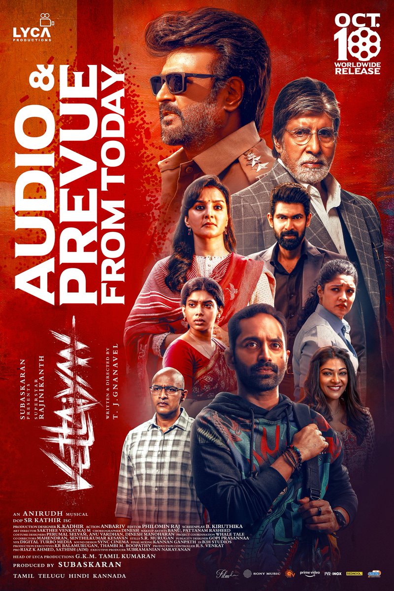 Brace yourselves for the glimpse 🥁 of VETTAIYAN 🕶️ Audio and Prevue releasing TODAY. 🤩 Let the beats and tunes take centre stage! 🏟️

#Vettaiyan 🕶️ Releasing on 10th October in Tamil, Telugu, Hindi &amp; Kannada!

<a href="/rajinikanth/">Rajinikanth</a> <a href="/SrBachchan/">Amitabh Bachchan</a> <a href="/tjgnan/">Gnanavel</a> <a href="/anirudhofficial/">Anirudh Ravichander</a> <a href="/LycaProductions/">Lyca Productions</a>