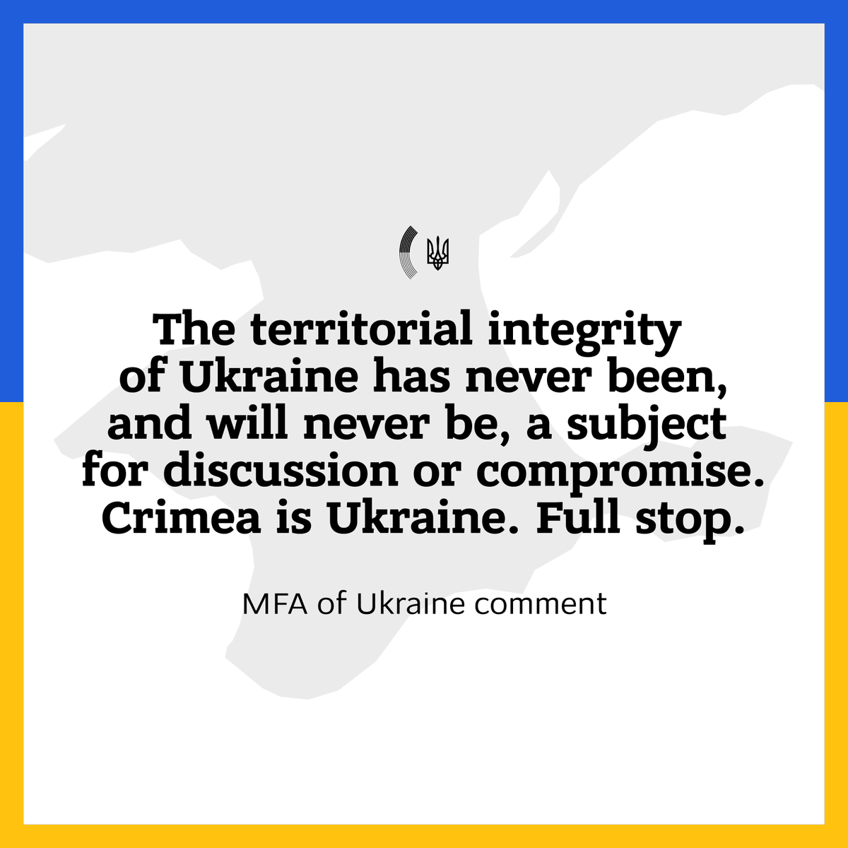 MFA_Ukraine's tweet image. Reacting to the unacceptable proposals on the future status of the Autonomous Republic of #Crimea and the city of Sevastopol, the Ministry of Foreign Affairs of Ukraine emphasizes one thing: #CrimeaIsUkraine 🇺🇦 

No compromises.