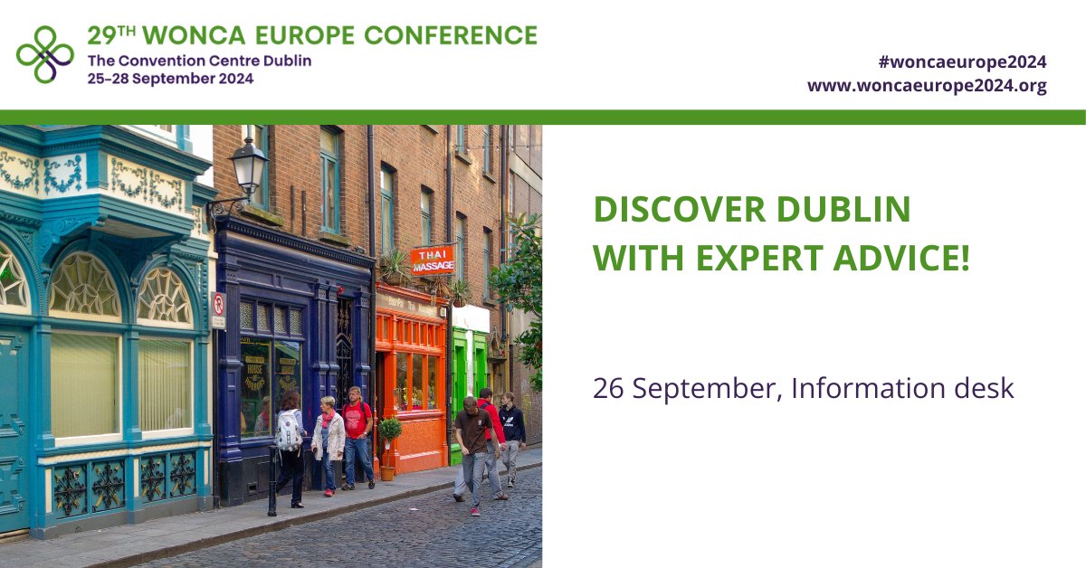 Planning to explore Dublin after your conference? The Irish College of GPs, has arranged for a representative from Failte Ireland (the Irish tourist office) to be on-site at the conference venue! 
🗓️ When: Thursday, 26 September
📍 Where: Information desk
#woncaeurope2024