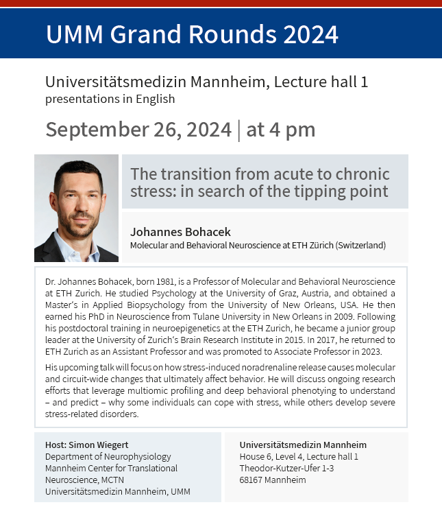 Mannheim Center for Translational Neuroscience (@mctneuroscience) on Twitter photo Join <a href="/BohacekLab/">Johannes Bohacek</a>, Professor <a href="/ETH_en/">ETH Zurich</a> who will talk about "The transition from acute to chronic stress: in search of the tipping point": Host:<a href="/SimWieg/">J. Simon Wiegert</a> (@MCTN) 👉September 26 at 4 pm at <a href="/unimedizinma/">Universitätsmedizin Mannheim</a>, House 6, Level 4, Lecture hall 1 Join <a href="/BohacekLab/">Johannes Bohacek</a>, Professor <a href="/ETH_en/">ETH Zurich</a> who will talk about "The transition from acute to chronic stress: in search of the tipping point": Host:<a href="/SimWieg/">J. Simon Wiegert</a> (@MCTN) 👉September 26 at 4 pm at <a href="/unimedizinma/">Universitätsmedizin Mannheim</a>, House 6, Level 4, Lecture hall 1