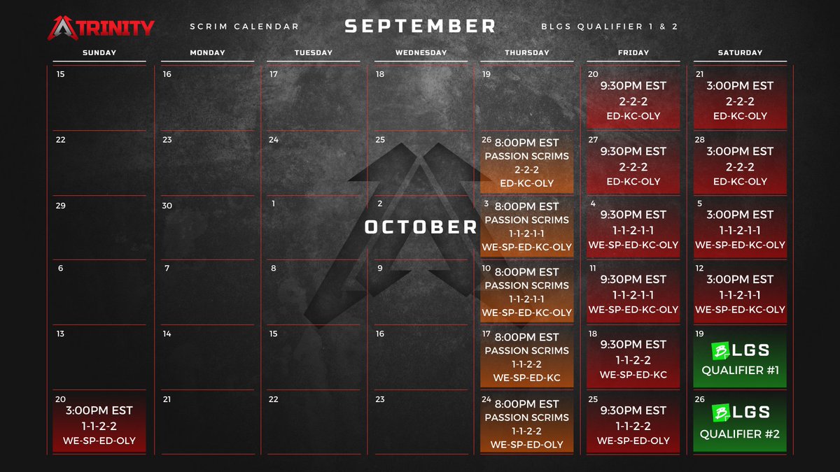 Trinity__Apex's tweet image. Up and coming schedule for BLGS practice. 

Also introducing Passion Scrims. Thursday scrims which are invite only. Please see this discord for more information