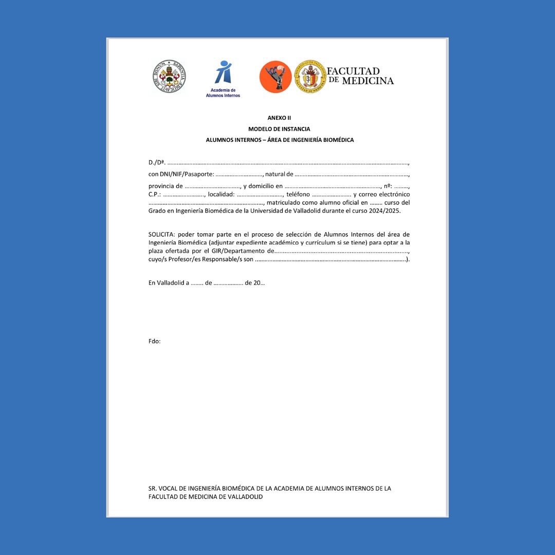 Holaa!
Ya tenemos la convocatoria para nuestros Ingenieros Biomédicos! Son 8 plazas para alumnos de 3º y 4º que se seleccionarán mediante una ENTREVISTA. 
Como REQUISITO tenéis que haber superado las asignaturas de 1º y al menos 45 créditos de las de 2º. 
Animaros!🦾