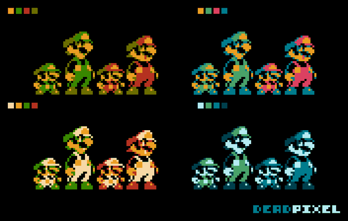 DeadPixels_Art's tweet photo. And some alt color palettes! #nes #mario #resprite #pixelart #ドット絵 https://t.co/sLIL0bmOXq