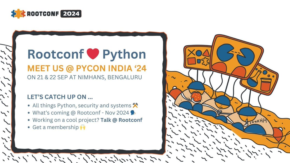 rootconf's tweet image. Excited for #PyConIndia2024? So are we!

@rootconf will be there @pyconindia, so come around and say hi 👋

We&apos;d love to hear about your work on security, and running systems. Share stories and insights from the trenches