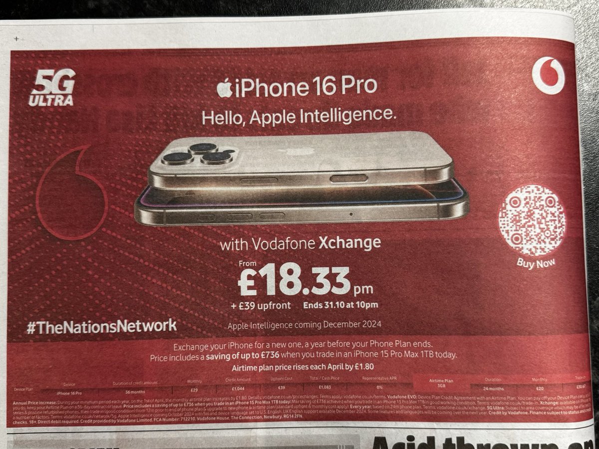 ⁦<a href="/VodafoneUK/">Vodafone UK</a>⁩ You guys need to make the hero shot slightly smaller and your T&amp;C’s BIGGER. How is anyone supposed to read them?? #iPhone16 ⁦<a href="/MetroUK/">Metro</a>⁩