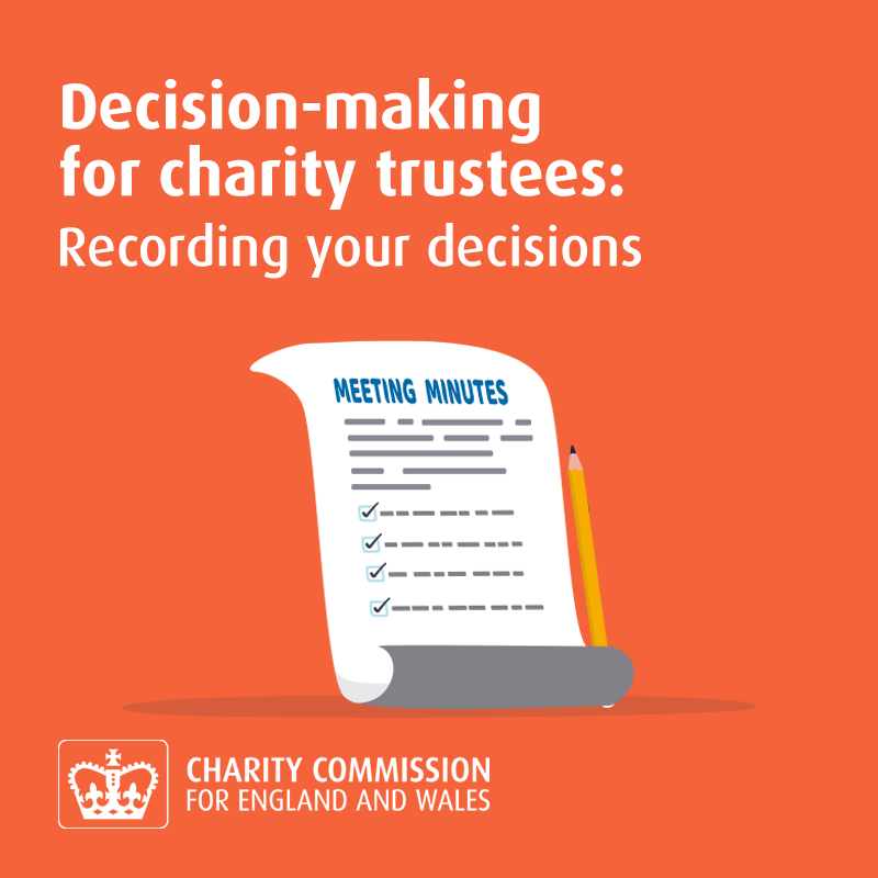 ChtyCommission's tweet photo. Are you and your fellow trustees properly recording how you make decisions? ✍
️
Read our refreshed guidance to find out what information to include in your meeting minutes: https://t.co/2hIUMHWIbi https://t.co/wvZBI3A3D9