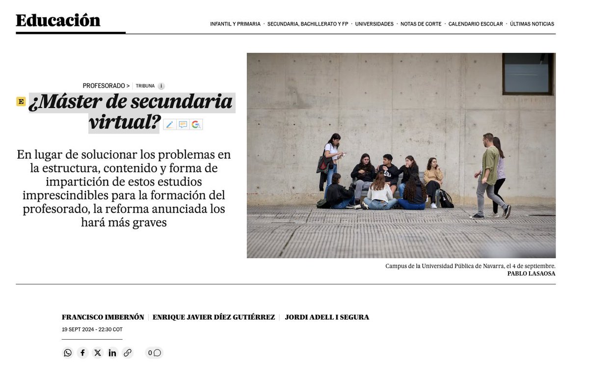 El Master necesita hace años un replanteamiento profundo
➕duración:60ECTS son claramente insuficientes
➕teoría: entendida como capacidad para pensar crítica y reflexivamente sobre la práctica educativa
➕solidez conceptual
➕mucha➕práctica en centros
Lo q no necesita es esto👇