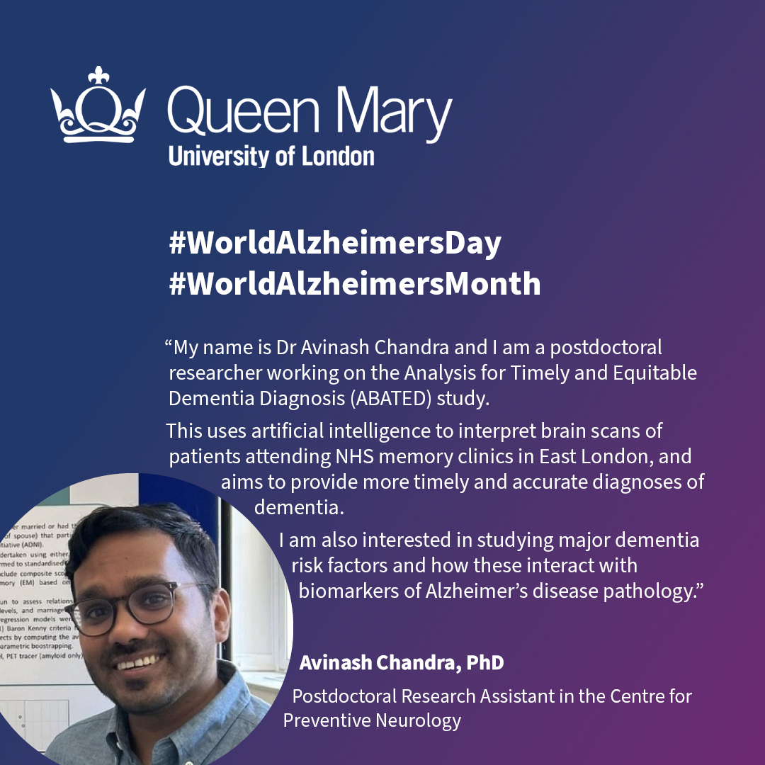 Barts and The London, Queen Mary (@qmulbartsthelon) on Twitter photo To start us off, here is Dr Avinash Chandra talking about how the <a href="/ABATED_Study/">ABATED Study</a> is using artificial intelligence to improve diagnoses in #dementia : #WorldAlzheimersDay #WorldAlzheimersMonth To start us off, here is Dr Avinash Chandra talking about how the <a href="/ABATED_Study/">ABATED Study</a> is using artificial intelligence to improve diagnoses in #dementia : #WorldAlzheimersDay #WorldAlzheimersMonth