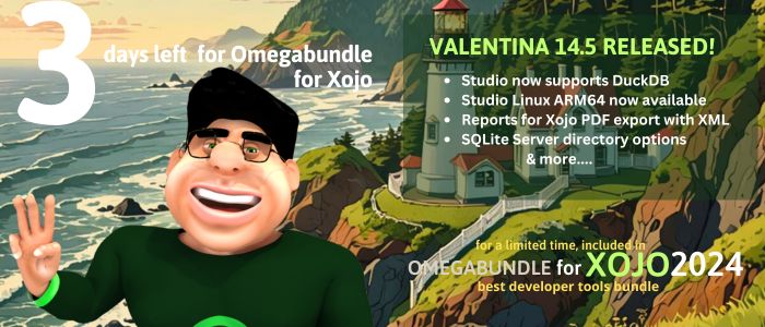 omegabundle's tweet image. Valentina Release 14.5 adds DuckDB 1.1 support to Studio, generating #XML enriched PDF reports with Valentina Reports for #Xojo & more. Included in Omegabundle for Xojo 2024. Just three days left to save 90% on the best #developer tools bundle. bit.ly/3zr8sD9