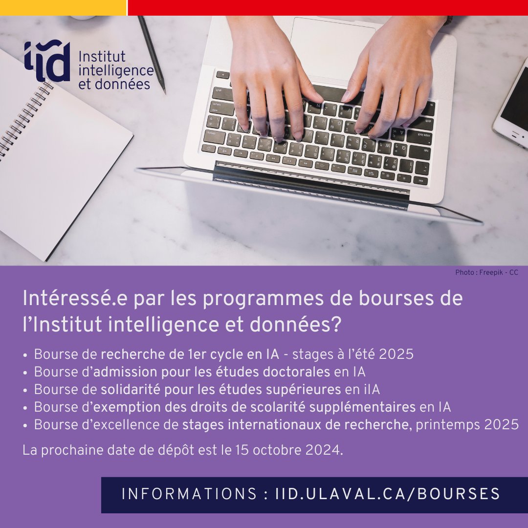 Institut Intelligence et données (IID) - ULaval (@iid_ulaval) on Twitter photo L’IID lance l’édition 2024 de ses bourses d’études en #IA et science des données qui visent à soutenir et stimuler la réalisation d’études aux cycles supérieurs ou de stages d’études de 1er cycle dans ces domaines clés <a href="/universitelaval/">Université Laval</a>. Détails: iid.ulaval.ca/bourses L’IID lance l’édition 2024 de ses bourses d’études en #IA et science des données qui visent à soutenir et stimuler la réalisation d’études aux cycles supérieurs ou de stages d’études de 1er cycle dans ces domaines clés <a href="/universitelaval/">Université Laval</a>. Détails: iid.ulaval.ca/bourses