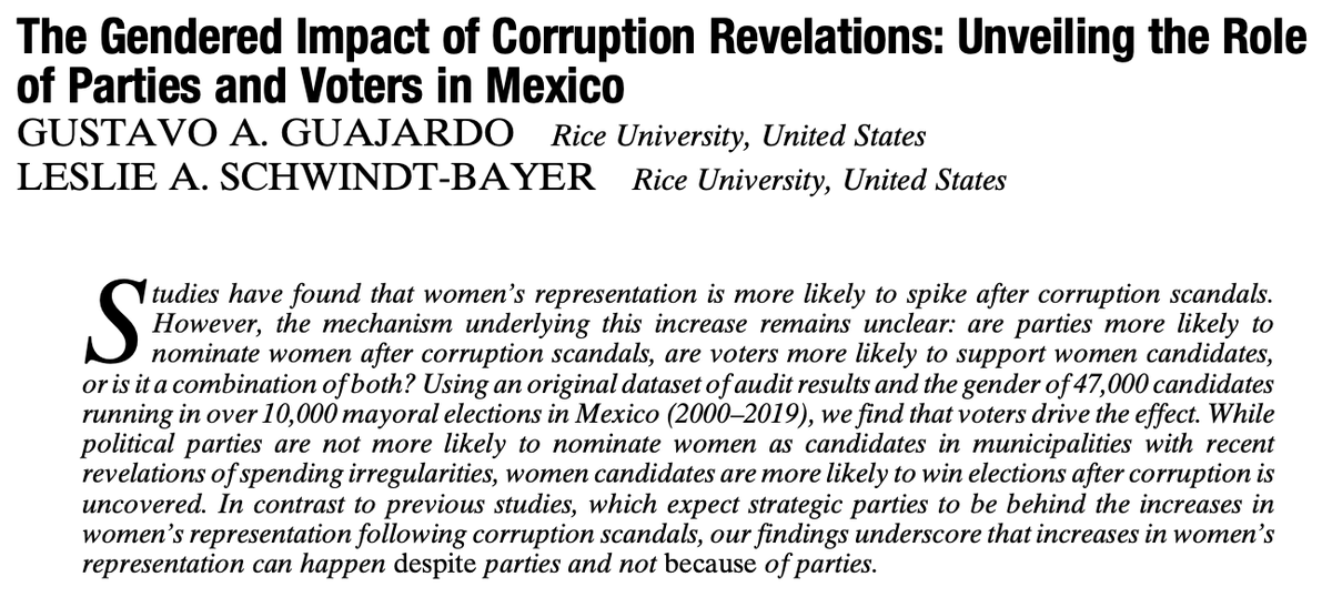 apsrjournal's tweet image. Just published on APSR First View: &quot;The Gendered Impact of Corruption Revelations: Unveiling the Role of Parties and Voters in Mexico&quot; by Gustavo Guajardo (@GustavoGuajar20) and Leslie Schwindt-Bayer. 
cambridge.org/core/journals/…